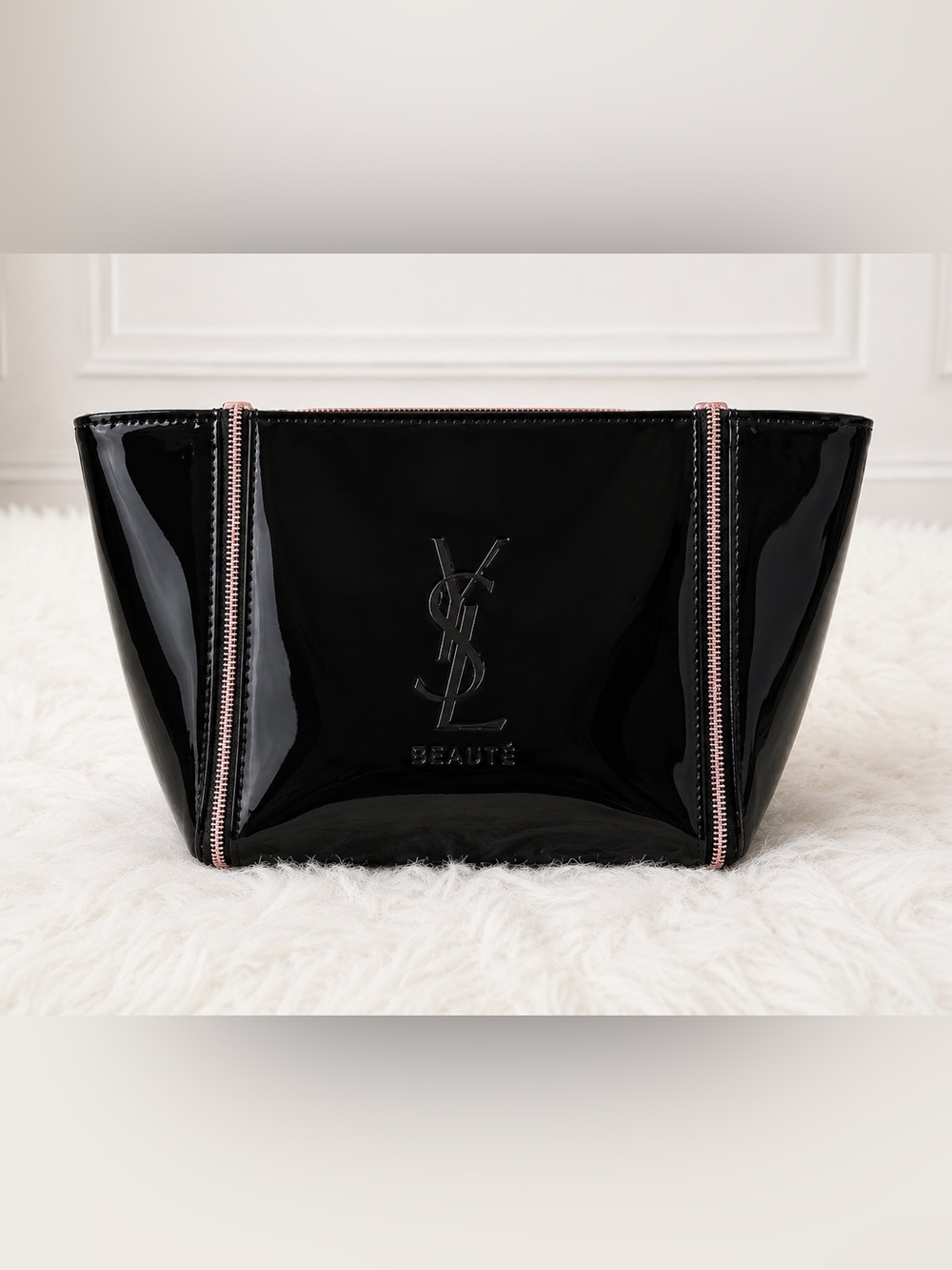 Yves Saint Laurent Black Patent Cosmetic Pouch with Rose-Gold Zippers NWOT